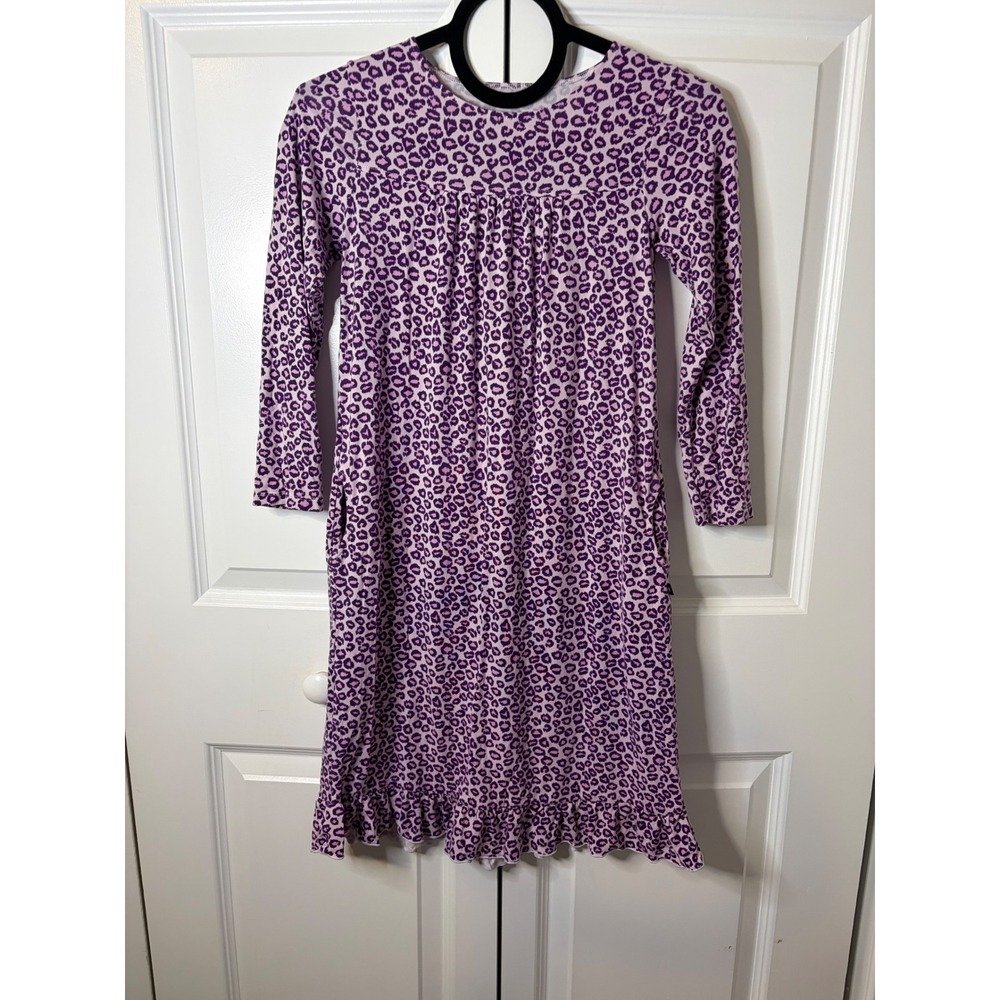 Sweet Bamboo Girls Purple Leopard Print Long Sleeve Pocket Ruffle Dress Size 10